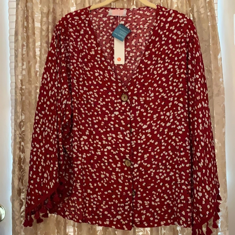 C+D+M TOP RED/BLACK/WHITE SZ S NWTS FRINGE TASSELS/BELL FLARE SLEEVE:POLY/COT